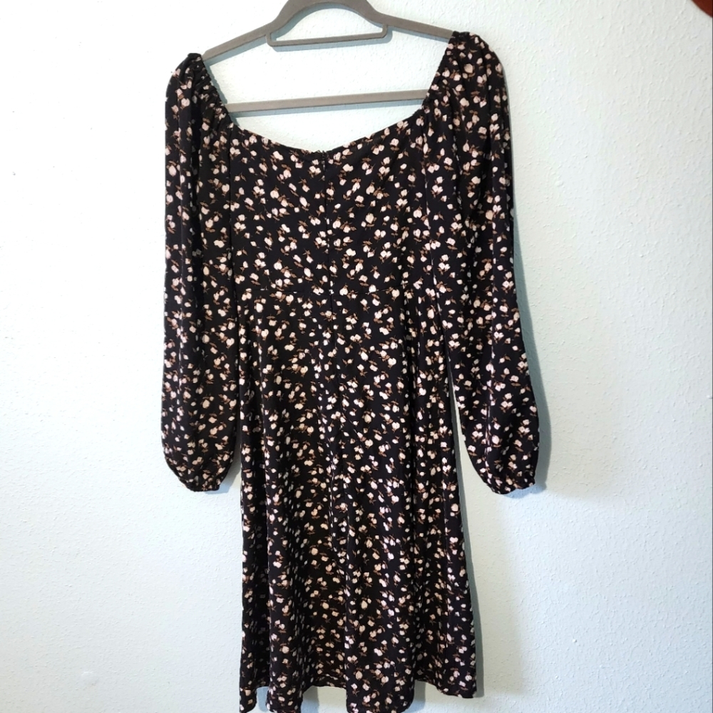 Shein small midi black brown cream floral longsleeve slit tie neck